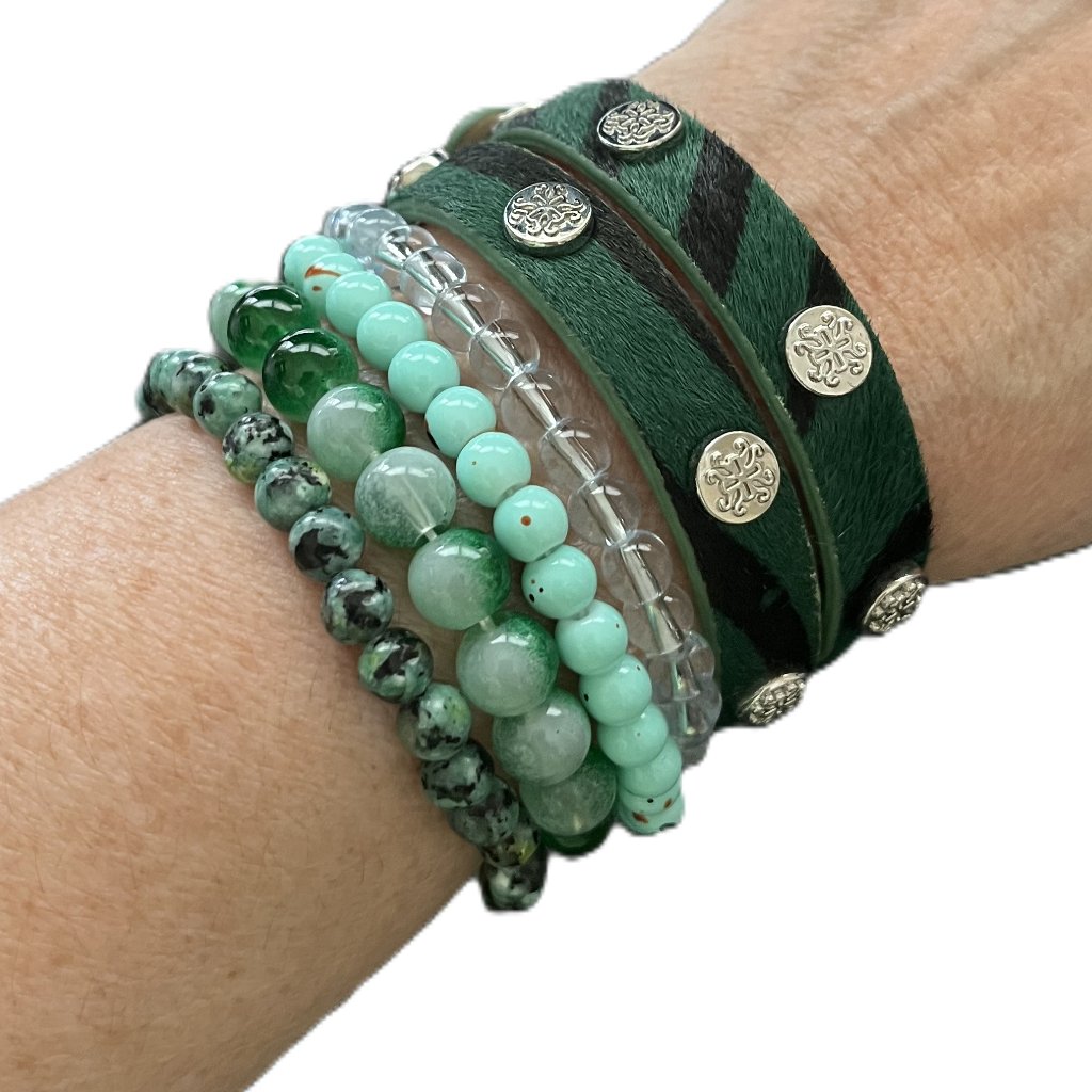Rustic Cuff Set Of Five Bracelets Animal Print Leather Wrap And Stretch Beads
